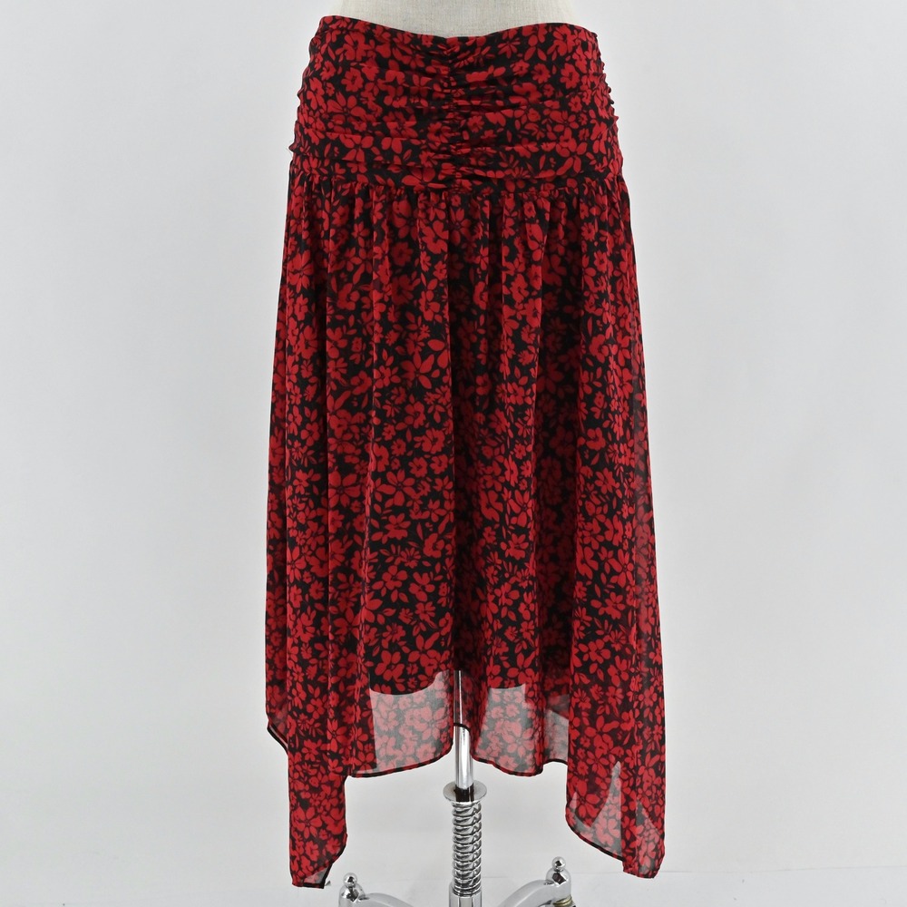 Karl Lagerfeld Ruched Floral Midi Skirt Size 8 Chiffon Ruffle Handkerchief Hem‎